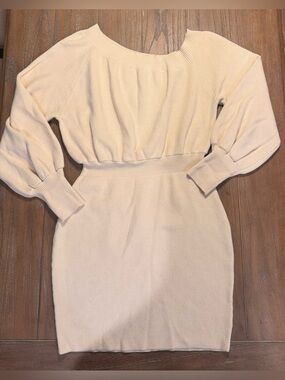 Cream Ribbed Knit Off-Shoulder Sweater Dress #93